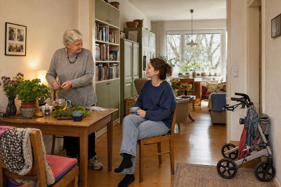 KI-generierte Konzeptansicht: Ältere Bewohnerin bereitet Tee zu, jüngere Nachbarin zu Besuch, Rollator dezent am Rand.
