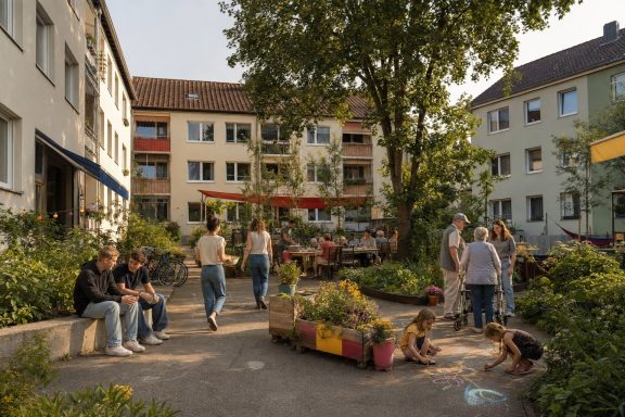 Unverbindliche KI-Konzeptvisualisierung eines begrünten Mehrgenerationenhofes mit älteren und jüngeren Menschen zwischen behutsam erneuerten Bestandsgebäuden.