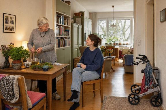Selbstbestimmt zu Hause · KI-Konzeptvisualisierung KI-generierte Konzeptansicht: Ältere Bewohnerin bereitet Tee zu, jüngere Nachbarin zu Besuch, Rollator dezent am Rand.