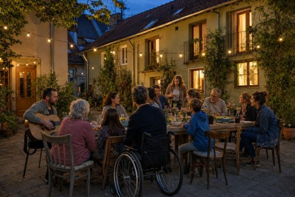 Unverbindliche KI-Konzeptvisualisierung eines kleinen generationenübergreifenden Abendessens bei Lichterketten im begrünten Hof.