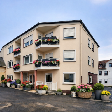 Unsere Vision Mehrstöckiges Wohngebäude mit Balkonblumen und gepflastertem Vorplatz.