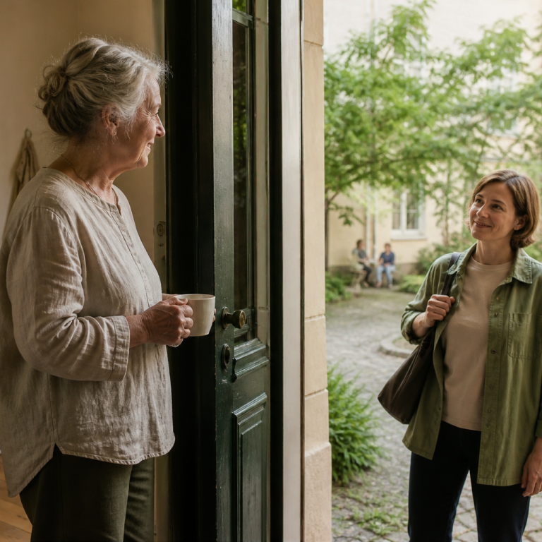KI-Konzeptvisualisierung einer barrierearm gedachten Servicewohnung mit warmen Materialien und Blick in den Hof