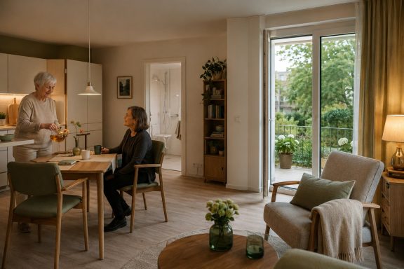 Privates Zuhause · KI-Konzeptvisualisierung KI-Konzeptvisualisierung einer barrierearm gedachten Servicewohnung mit warmen Materialien und Blick in den Hof.